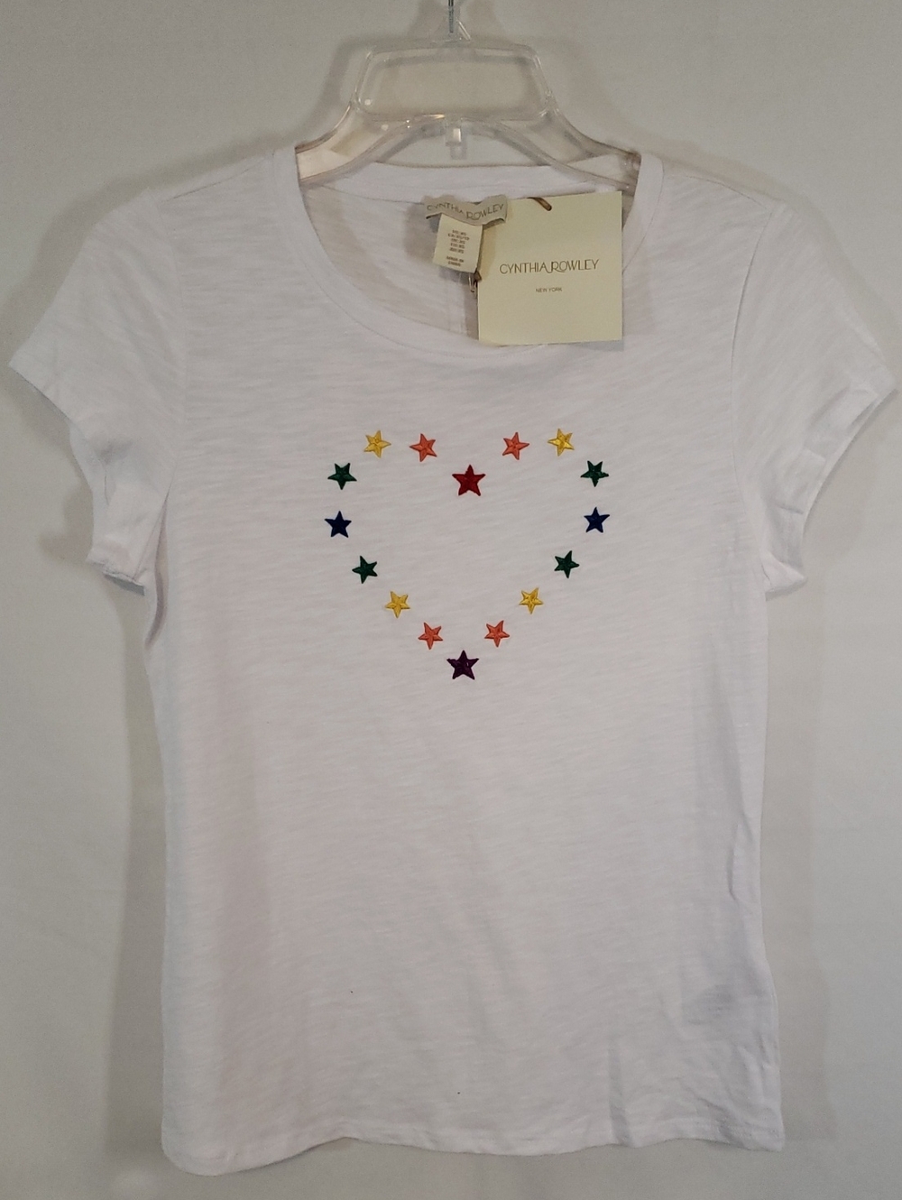 Cynthia Rowley White Cotton Tee with Rainbow Stars Heart, NWT, XS